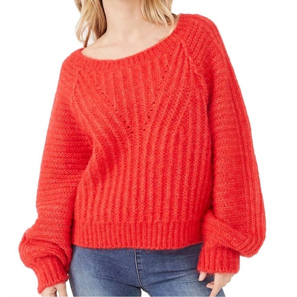 Free People NEW Carter Fuzzy-Knit Pullover Sweater Small Red Hot Cozy